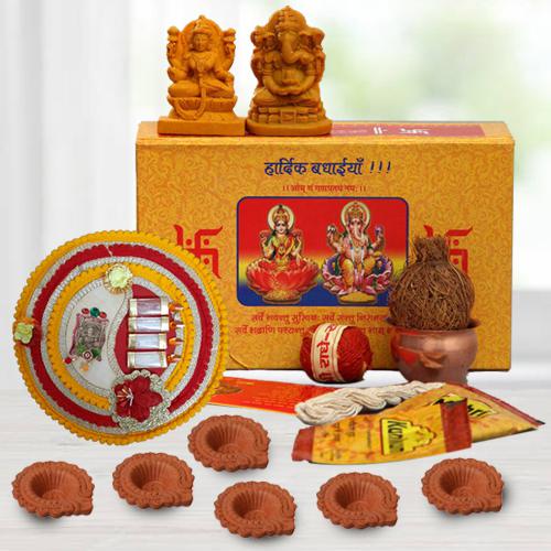 Exceptional Gift Box of Ganesh Laxmi Idol, Diwali Pooja Samagri, Pooja Thali n Diya
