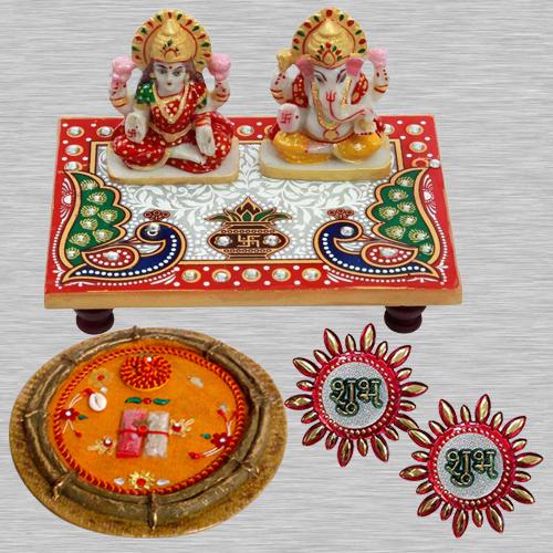 Spiritual Diwali Poojan Special Laxmi Ganesh Ji Marble Choki, Pooja Thali n Subh Labh Sticker