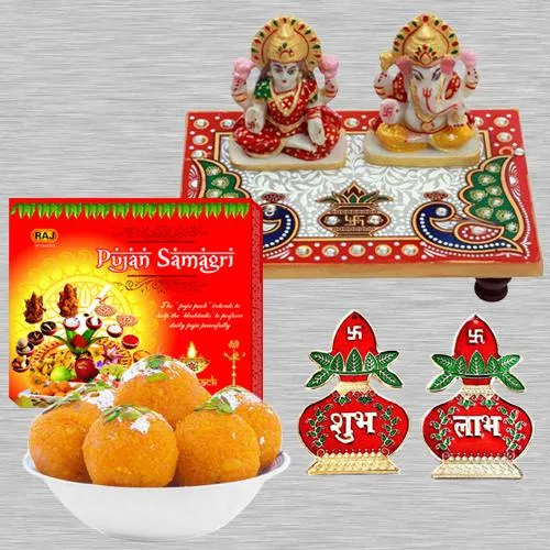 Auspicious Diwali Pooja Special Laxmi Ganesh Ji Marble Choki, Pooja Sanmgri, Boondi Ladoo, Subh Labh Sticker