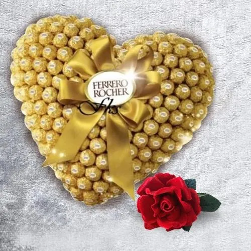 Admirable Combo of Ferrero Rocher Heart Arrangement with Rose for Chocolate Day