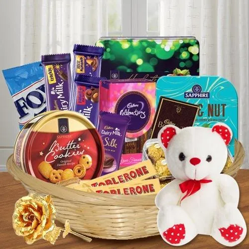 Enticing Chocolate Temptation Gift Basket with Golden Rose N Teddy