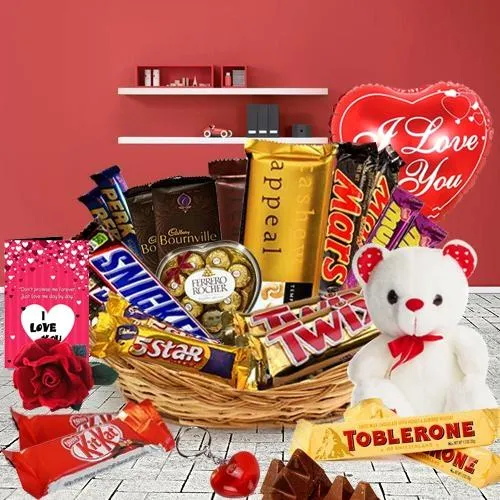 Mind-Blowing Assorted Chocolates Gift Basket with Valentine Accessories