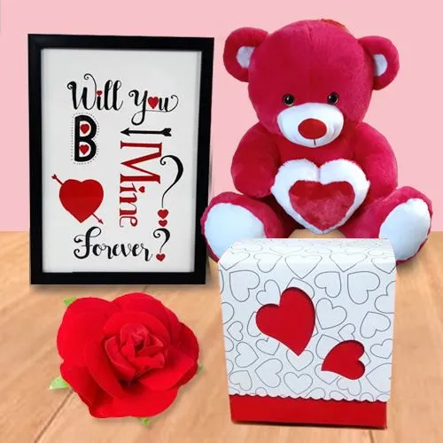 Fantastic Promise Day Gift of Handcrafted Frame with Chocolates, Teddy n Roses