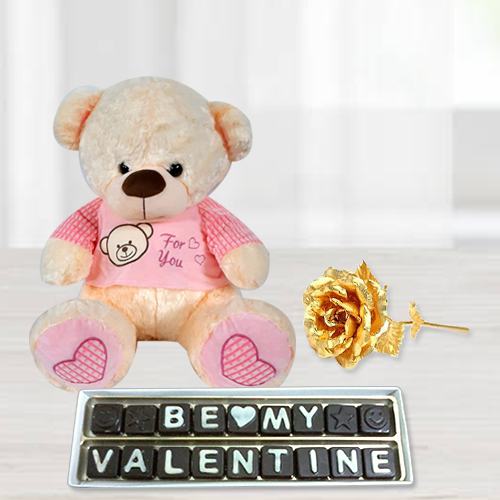 Exquisite Proposal Gift of Teddy, Chocolates n Golden Rose