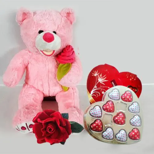 Lovely Gift of Heart Teddy with Heart Shape Chocolate n Rose for Teddy Day