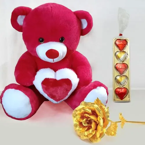 Wonderful Valentine Gift of Teddy, Chocolate n Golden Rose for Fiancee