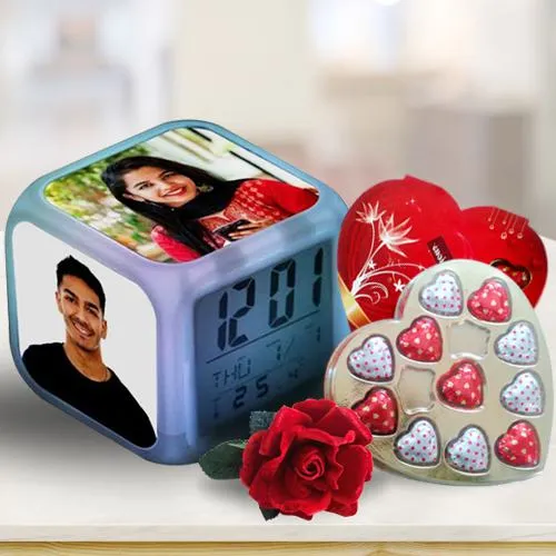 Admirable Combo of Personalized Photo Clock with Heart Shape Chocolates n Roses