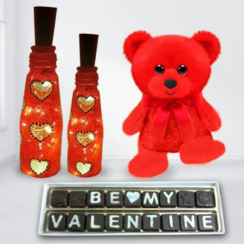 Marvelous Propose Day Gift of Twin Heart Lamp with Homemade Chocolate n Cute Teddy
