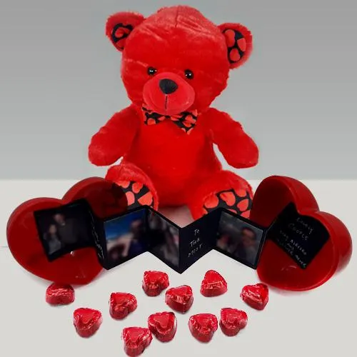 Mind-Blowing Valentine Gift of Red Teddy N Heart Shape Personalized Box