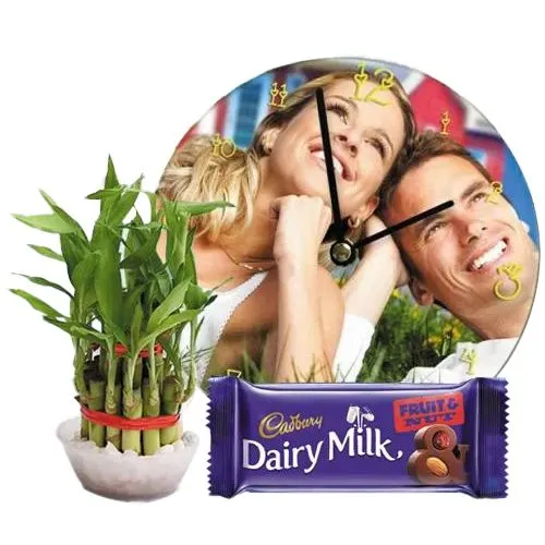 Amusing Personalized Photo Wall Clock with Lucky Bamboo Plant n Chocolate
