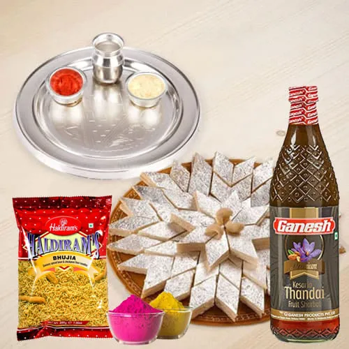 Traditional Silver Plated Thali with Holi Gift Assortments