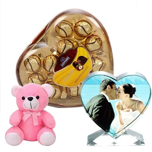 Attractive Personalized Heart Crystal with Sapphire Chocolate N Cute Teddy