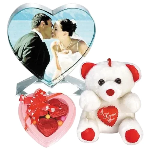 Outstanding Personalized Heart Crystal with Heart Chocolates n Cute Teddy