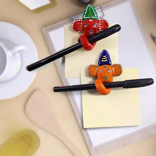 Handmade Multi-Purpose Ganesha Pen Holder Cum Fridge Magnet with 2 Ball Pens n Sticky Note for Mom