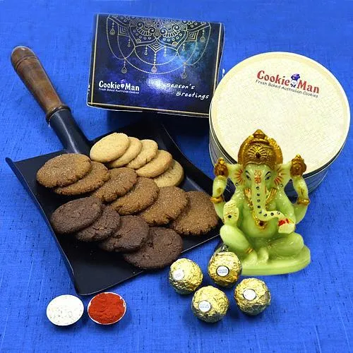 Lovely Cookie Man Cookies N Ferrero Rocher Combo with Glowing Ganesha n Roli Teeka