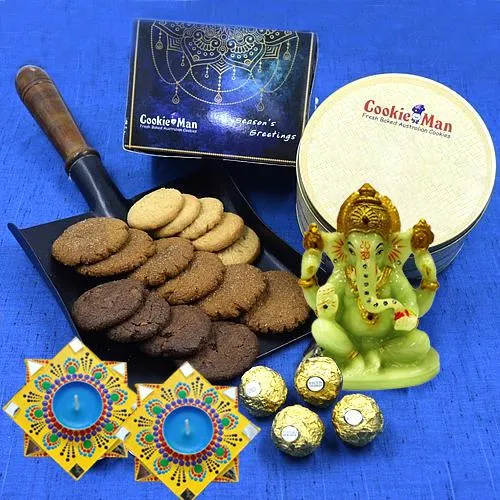 Delectable Cookies N Ferrero Rocher with Mirror-Dot Mandala Diya n Ganesh Idol