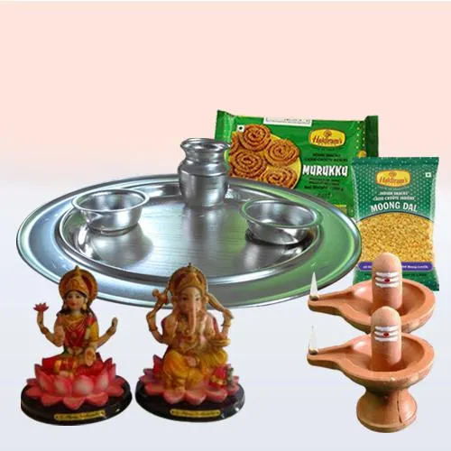 Classic Puja Thali with Haldirams Snacks Mix N Free Diya
