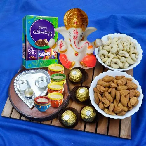 Appealing Present of Puja Thali, Dry Fruits, Chocolates N More