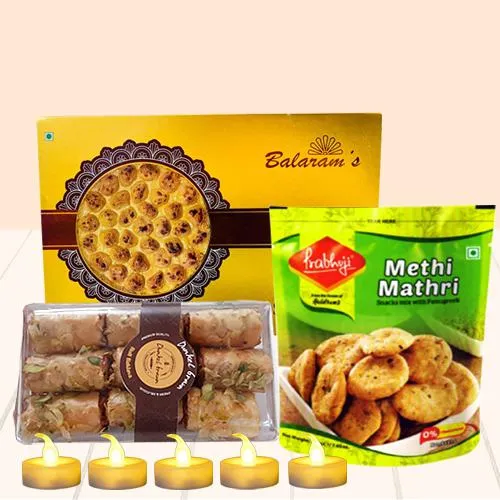 Lovely Diwali Combo of Assorted Sweets n Snacks, Free LED Tea Light Candles