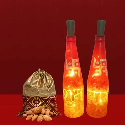 Lovely Deepavali Gift of Subh Labh LED Bottle Lamp n Almonds Potli