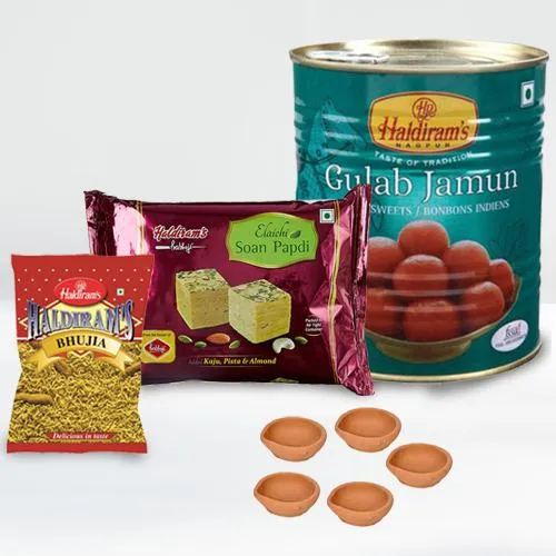 Lovely Haldiram Assorted Sweets n Snacks Combo with Mud Diya