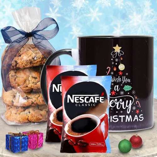 Classy Personalized Gift of X-mas Greeting Black Mug with Coffee N Cookies