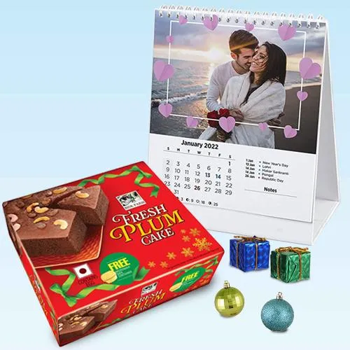 Stunning Personalized Gift of Desk Calender with Photographs n Plum Cake