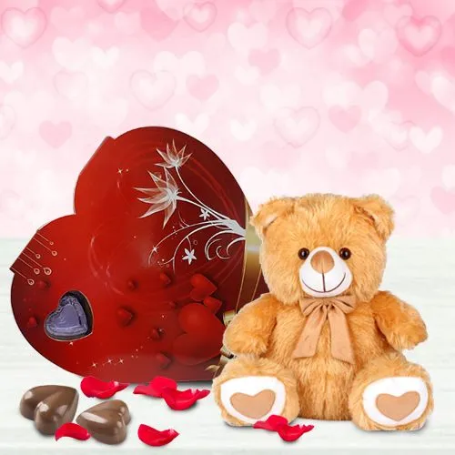 Delectable Heart Shaped Handmade Chocolates Box N Cute Teddy Gift Combo