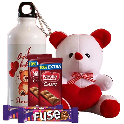 Fantasy Gift of Personalized Bottle, Love Teddy n Chocolates