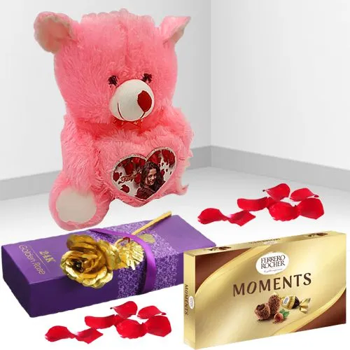 Awesome Gift of Golden Rose, Personalized Teddy n Ferrero Moments