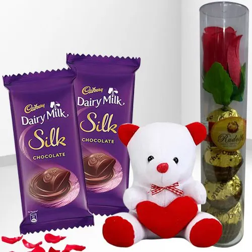Delectable Cadbury n Rudolfo Chocolates with Rose n Colorful Teddy