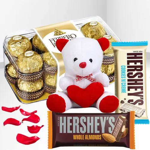 Superb Combo of Ferrero Rocher  N  Hersheys Chocolates with Valentine Teddy