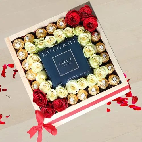 Trendsetting Valentine Gift Tray of Ferrero Rocher Chocolates, Art Roses n BVLGARI Perfume