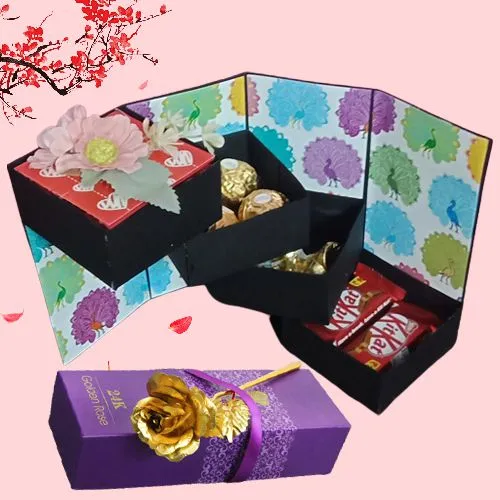 Fashionable 4 Layer Stepper Box of Chocolates with a Golden Rose
