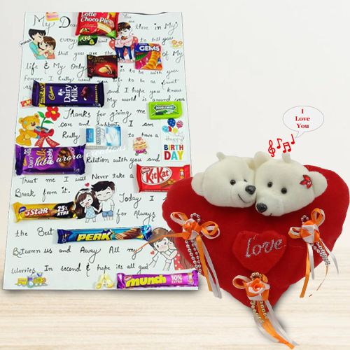 Appealing Hand Written Card of Love Message n Assorted Chocolate with a ILU Singing Heart