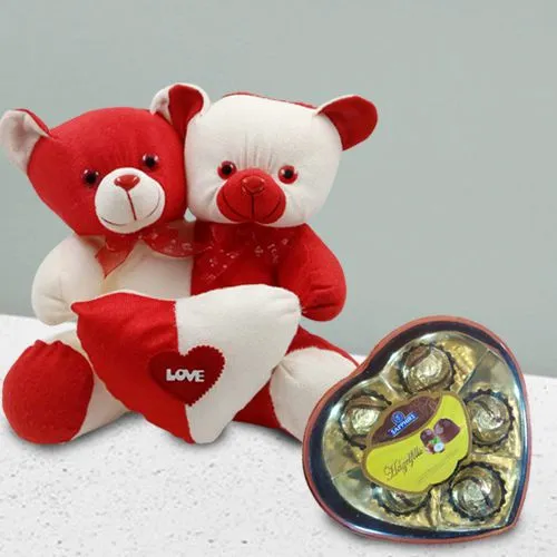 Delightful 5 Love Years Celebration with 2 Body 1 Heart Teddy n 5pcs Sapphire Heart Chocolates