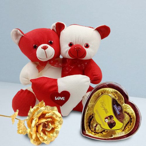 Impressive Twin Body One Heart Teddy with Sapphire Heart Chocolates n Golden Rose
