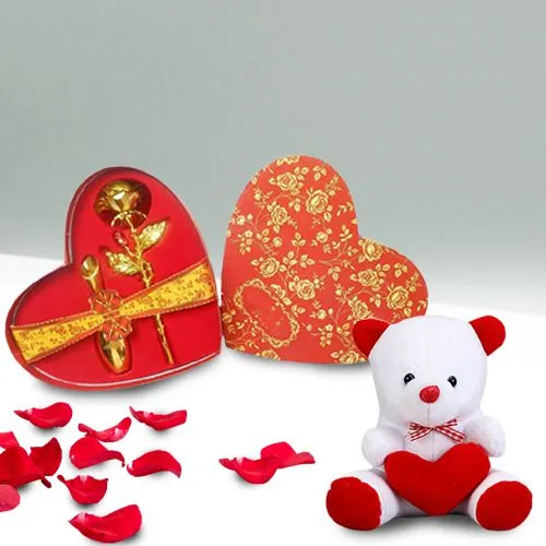 Magnificent Heart Shape Box of Golden Rose and a Teddy with Heart