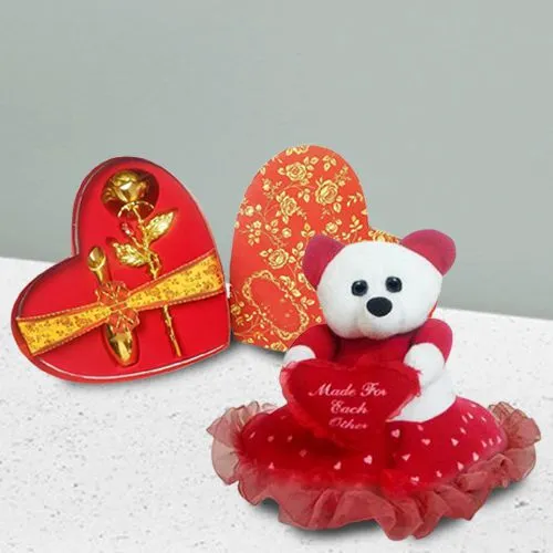 Marvelous Golden Rose Heart Box and a Teddy Standing on Heart