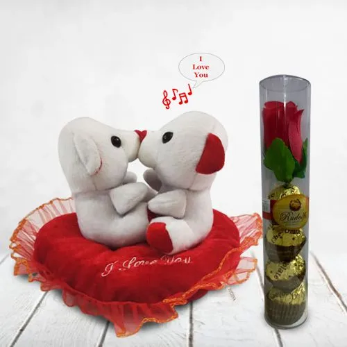 Mind-Blowing Kissing n Singing Couple Teddy with Rudalfo Chocolates n Rose Box