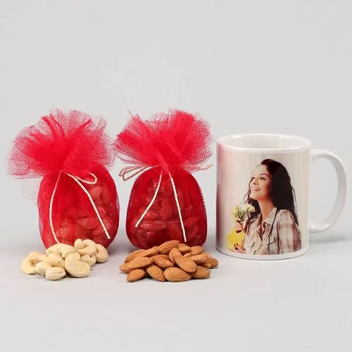 Fascinating Personalized White Mug Filled with Almonds n Cashews