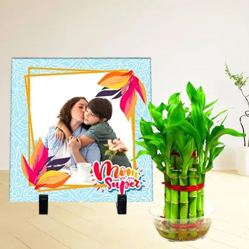 Impressive Moms Day Special Personalized Photo Frame with 2 Tier Bamboo Plant
