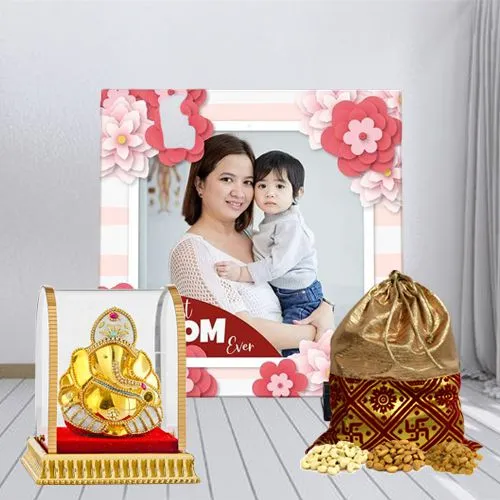 Pretty Gift Of Personalized Photo Tile with Ganesh Idol and Dry Fruits
