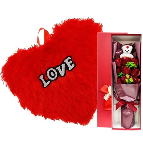 Gorgeous Artificial Red Roses N Teddy Bouquet with Cushion Combo