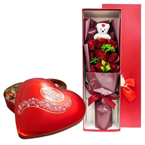 Wonderful Artificial Red Roses with Teddy Bouquet N Lindt Lindor
