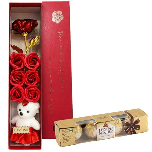 Ultimate Combo of Artificial Roses with Teddy Perfume N Ferrero Rocher