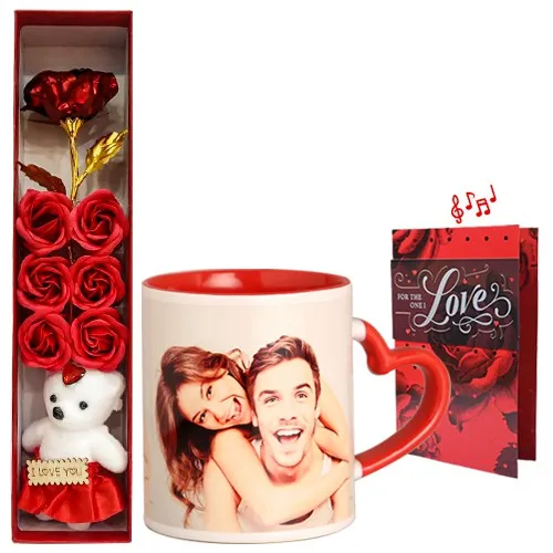 Lovely Trio of Artificial Rose with Personalize Coffee Mug N Musical Greetings Card