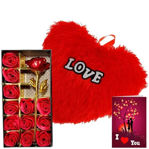 Exclusive Pair of Artificial Flowers Box with Cushion N Love You Card