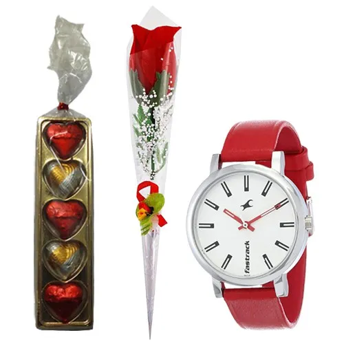 Special Arrangement of Fastrack Ladies Watch with Rose Stick N Chocolates