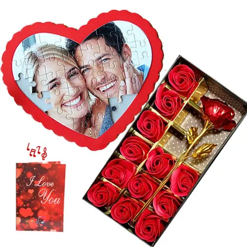 Special Gift of Personalize Puzzle with Artificial Roses N Musical Greetings Card